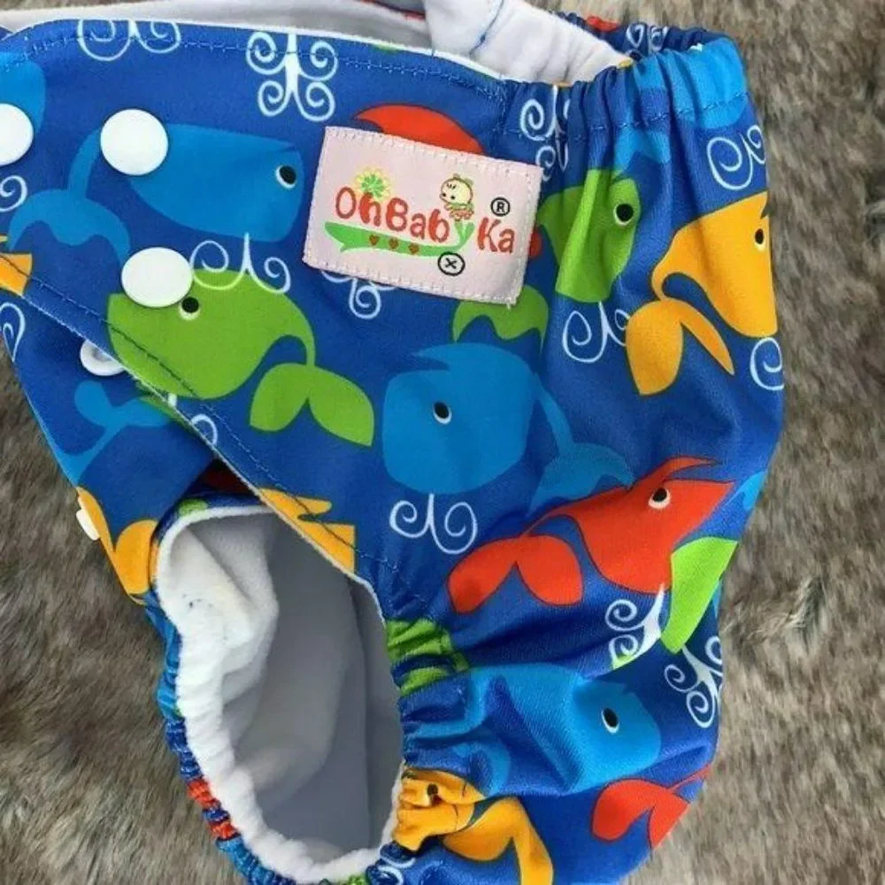OhBabyKa Boys Girls Blue Colorful Whales‎ Snap Cloth Cover Diaper Adjustable